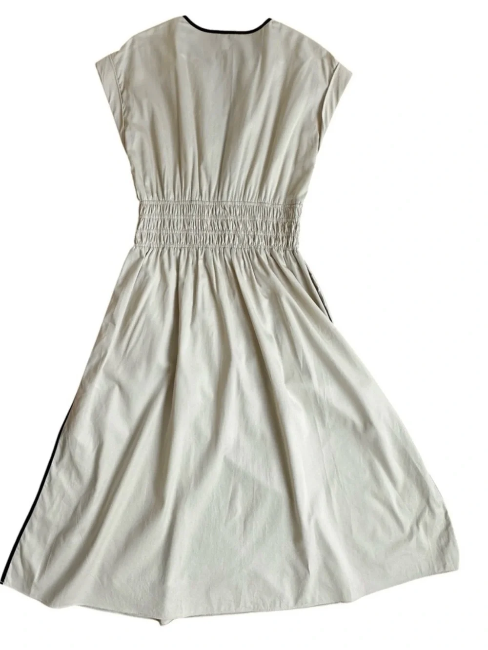 Beige/Cream Smocked Waist Midi Dress with Contrast Trim - Picture 2 of 9